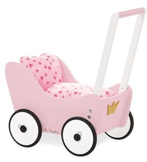 PINOLINO Doll’s pram 'Prinzessin Lea', av trä, med bromssystem, gåstol med hjul av gummerat trä, för barn 1-6 år, rosa, vit och guld