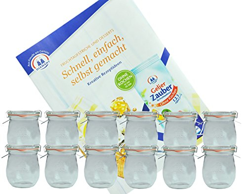 MamboCat 12er Set Weckgläser 220 ml Tulpenform mit Deckel Einkochring Klammern I Original Weck Tulpenglas I Einweckgläser für Obst Gemüse uvm I inkl. Diamant-Zucker Gelierzauber Rezeptheft