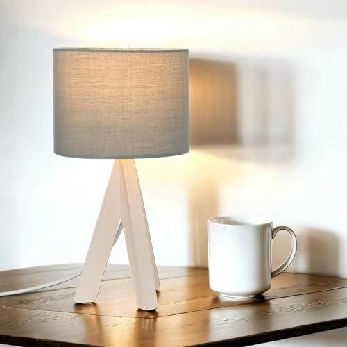 Easylight Bauhaus Stil Tischleuchte mit Holzfuß und grauem Stoffschirm E14 mit Kabelschalter Nachttischlampe Nachtleuchte für Schlafzimmer Wohnzimmer Leselicht