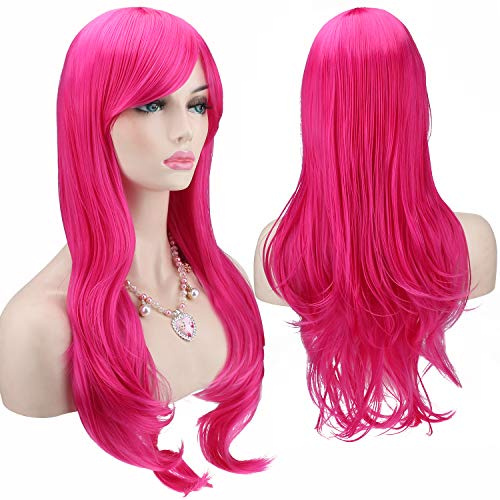 Akstore 70 cm (28 tum) modeperuker långt vågigt lockigt hår cosplay peruk & perukmössa (rosa)