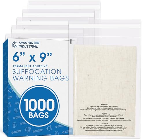 Spartan Industrial - 6 X 9 (1000 Count) Self Seal Clear Poly Bags with Suffocation Warning for Packaging, Shipping - Permanent Adhesive