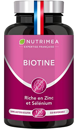 BIOTINE | Sans Excipient | Accélère la Pousse des Cheveux & Ongles | Avec Vitamine B8, Pépins de Courge, Zinc et Sélénium | 120 Gélules Vegan | Fabrication Française | Nutrimea