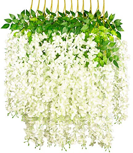 GPARK (36 Branches 12 Pack /45 inch /3.7ft Wisteria Hanging Artificial Flowers Fake Bushy Silk Vine Garland String for Wedding Party Garden Greenery Home Wall Deco Beige+Green+White
