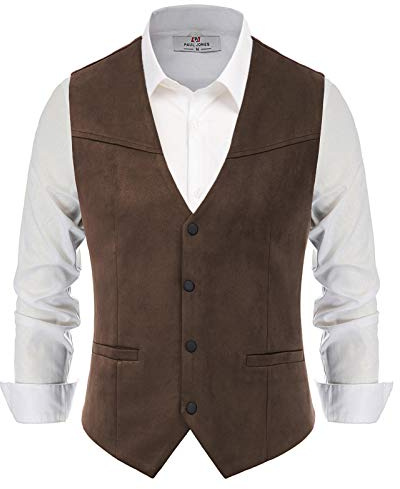 PJ PAUL JONES Men's Suede Leather Suit Vest Slim Fit V-Neck Western Casual Vests Business Dress Vests Waistcoat Tops