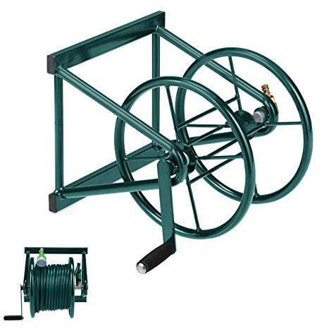 Relaxdays Schlauchtrommel, Wandmontage, für 60 m Schlauch, 2 Anschlüsse mit Klickstecker, Stahl, Schlauchhalter, grün