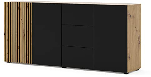 BIM Furniture Kommode AURIS – Sideboard 42x180x82 cm mit 3 Türen 3 Schubladen zum Wohnzimmer, Moderne Anrichte, Eichenholz Optik – Schwarz/Artisan Eiche