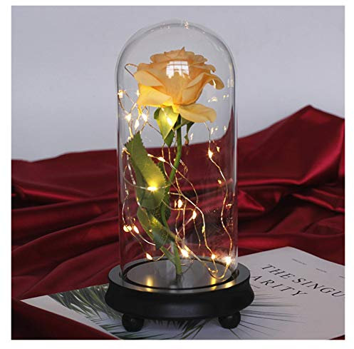 VOZOYA Eternal Rose The Beast Rose, Handmade Rose Red Silk Rose In Glass Dome with LED Lights Pine Base, for Christmas Mother's Day Wedding Birthday Valentine's Day (Color : Yellow)