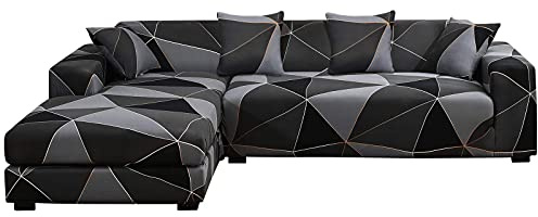 ShowyLive Sofa Überzug Ecksofa L Form Couch Überzug 2er Set Elastische Stretch mit 4 Stück Kissenbezug, Sofaüberwürfe Universal-Couchbezug 2 Sitzer+3 Sitzer, Schwarze Karos
