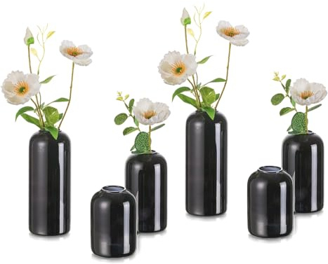Hewory Kleine Vasen für Tischdeko: 6er Schwarz Vasen Set Glaszylinder Vase Glas, Klein Glasvase Modern Deko Vase Klein Blumenvase Glas für Wohnzimmer Hochzeit Party