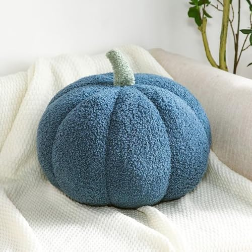 Bettschlange Kürbis Kissen, 3D Kürbis Deko, Halloween Plüsch Kürbis Kissen Gemütliche Herbst Gefüllte Zierkissen für Erntedankfest Weihnachten Schlafzimmer, Stuffed Plush, Blau, 35cm