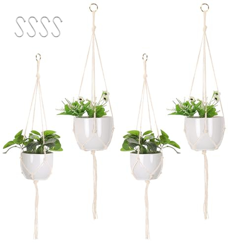 MisFun Portavaso da Appendere, 4 Pezzi Fioriere Sospese In Macrame Appendiabiti per Piante Portavasi in Corda di Cotone Cesto Appeso per Interni Vaso da Fiori Esterni Patio Porta Piante Decorazioni
