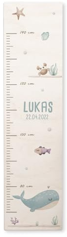 Personalisierte Messlatte für Kinder mit buntem Wunschdruck - 70-140 cm - Größenmesser Kinderzimmer aus Holz - Wand Dekoration Messleiste Kind - Personalisiertes Geschenk Baby (Wal)