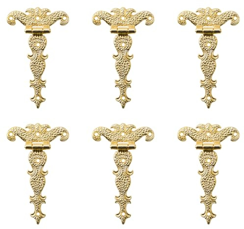 INCREWAY Antique Cabinet Hinges, 6 Pcs Zinc Alloy Decorative Retro Carved T-Strap Hinges for Doors & Cupboards, Gold