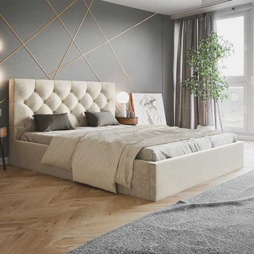 MOTIVENA Crystal Polsterbett 180x200 Beige, Polsterbett 180x200 Samt, Polsterbett 180x200 mit Bettkasten, Polsterbett 180x200 mit Stauraum, mit Lattenrost, mit Kopfteil, ohne Matratze, Beige