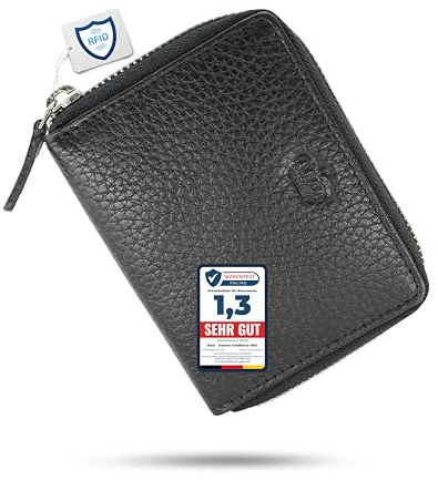 Baur Damen Geldbörse Echt Leder Geldtasche | Mini-Geldbeutel mit RFID Schutz | kleines Portemonnaie mit 6 Kartenfächer | Schein- & Münzfach | Rundumreißverschluss (Silber Reißverschluss, Schwarz)