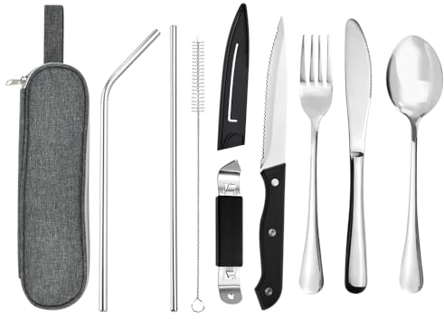 SLTAXAR 9 PCS Set de Couverts en Inox Portable Ensemble de Couverts de Table Ensemble de Couverts de Voyage Camping Couverts de Camping en Acier Inoxydable pour Camping Voyage Pique-Nique