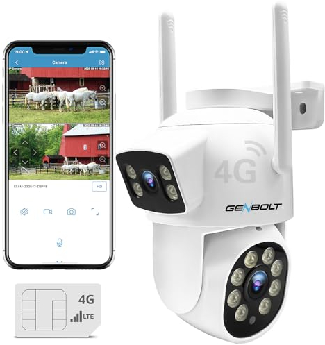 GENBOLT 3G/4G LTE Camara de Seguridad al Aire Libre sin WiFi, Camara de Vigilancia Celular de Doble Lente con Tarjeta SIM, 24/7 Grabación Continua Camara de Vigilancia PoE IP con Seguimiento Humanoide