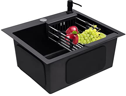 Edelstahl KüChenspüLe Schwarz EinbauspüLe Mit Abflusskorb Camping Esszimmer Outdoor SpüLtechnik Freistehende Gewerbliche Kalt Und WarmwasserschläUchen Ablassvorrichtung Innen Restaurant 40X45Cm
