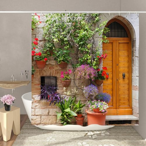 GOOESING Tenda da doccia da giardino Tenda da doccia esterna Paesaggio Tenda da bagno con ganci Tessuto impermeabile durevole Decorazione per il bagno Lavabile 180x180 cm