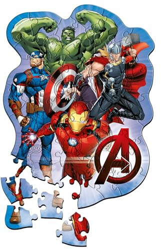 Trefl - Holzpuzzle: Marvel Avengers, Die Abenteuer der Avengers - 50 Teile, Formen-Puzzle Wooden Puzzle, Unregelmäßige Formen, 10 Figuren, Modernes Puzzle für Kinder ab 5 Jahren