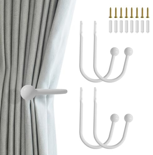 Desuibao Confezione da 4 fermatenda per tende, ganci per tende da parete, ganci in metallo, per trattamento finestre, supporti decorativi per tende da parete, ganci laterali, colore: bianco
