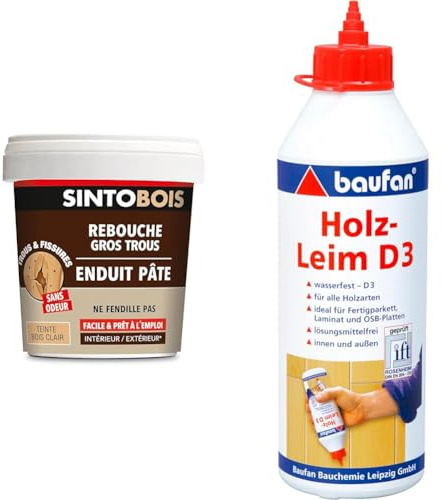 Sinto Rebouche Bois pour Gros Trous et Fissures Bois Clair - 1kg - Facile et Prêt à l’Emploi & Baufan Colle à Bois D3-500g I Étanche, Sans Solvant I Pour Tous Types de Bois, OSB, Stratifiés
