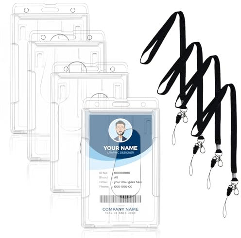 4 Stück Ausweishalter, Transparente Kartenhalter mit Schlüsselband, Hartplastik Ausweishülle mit Zwei Fächern für Busfahrkarte, Schülerausweis, ID-Karten (vertikal)