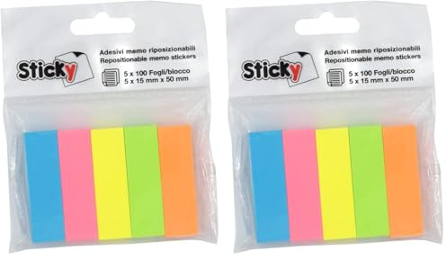 Alevar Sticky Segnapagina in carta, formato 15x50 mm, 5 blocchetti 100 foglietti adesivi, 500 linguette adesive, Colori FLUO assortiti Blu-Giallo-Rosa-Arancio-Verde, 3325/1FLUO5 (Confezione da 2)