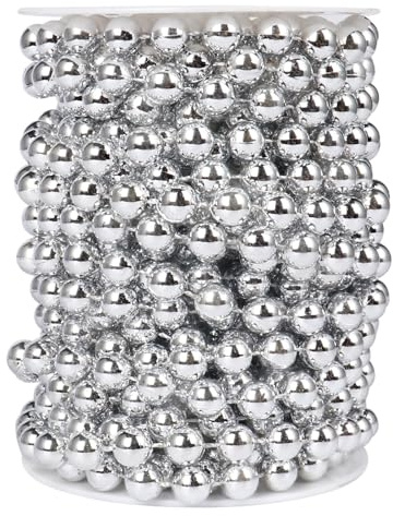 [33 Feet] Silver Pearl Beads Garland, 10MM 11 Yards Silver Faux Pearl Beads String Roll Bulk for DIY Craft Christmas Tree Wedding Party Decoration