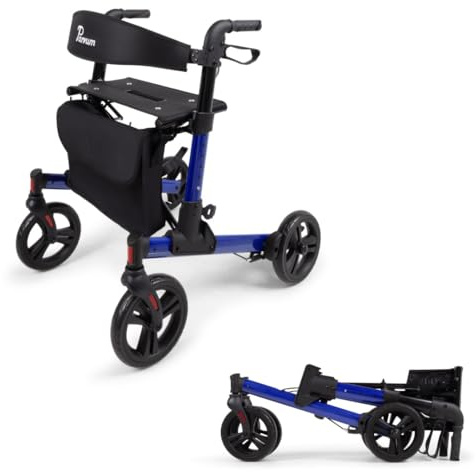 Parvum Riva Rollator – Doppelt faltbar, aus Aluminium, 6,6 kg, mit komfortablem Sitz und Rückenlehne, versteckten Bremskabeln – sicher & mobil im Alltag und unterwegs – Gehhilfe für Senioren - Blau