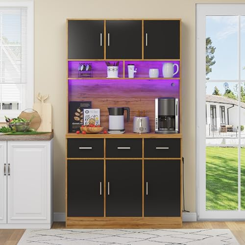 DRIXNO Multifunktionales Buffet mit LED-Beleuchtung mit Fernbedienung, Schwarz+Natürliche, Schubladen, Verstellbaren Einlegeböden, Kabelführungslöchern und Steckdosen, Küchen und Esszimmer