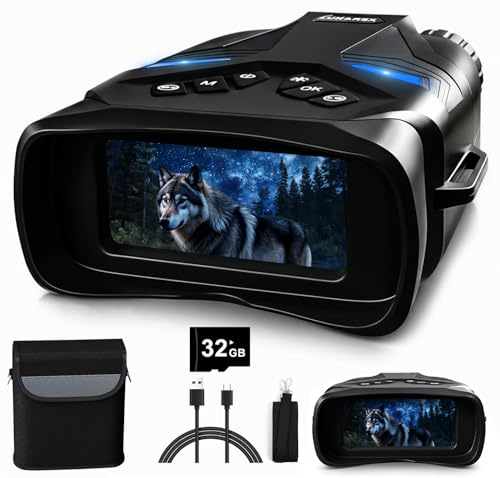 LUNAREX Gafas de visión nocturna 4K para adultos, prismáticos digitales de visión nocturna con zoom digital 8X, tarjeta de 32 GB, pantalla LCD de 3 pulgadas, gafas infrarrojas recargables con diseño