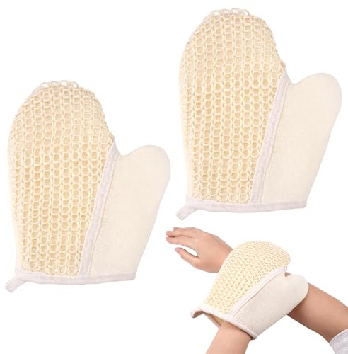 2 Stück Peeling Handschuhe, Peelinghandschuh KöRper, Duschhandschuh, Exfoliating Glove, Massagehandschuhe,Duschhandschuhe aus Sisal und gebürstet für Körper und Gesicht,für Männer Frauen Kinder,Beige