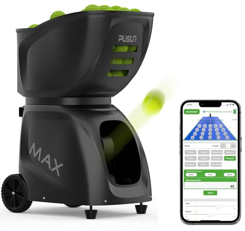 PT-Max C Tennisballmaschine mit Fernbedienung, 12–87 MPH Launcher, oben / hinten / seitlich drehbar, 150+ Bälle Kapazität, App-Steuerung für Android, iPhone, Apple Watch (schwarz)