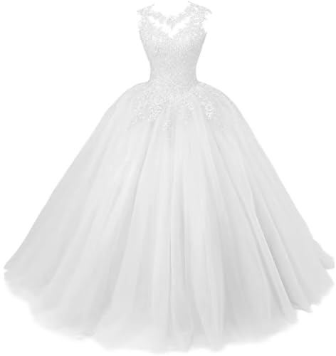 Zorayi Damen Elegante Spitze Tüll Abendkleid Abschlussballkleider Lange Ballkleid Brautkleider Quinceanera Kleider Weiß Größe 44