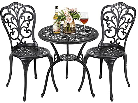 Avestar 3-piece outdoor bistro set, garden table and chairs for 2, round 60 cm cast aluminum table with a 4.5 cm umbrella hole, 2 cast aluminum chairs, for patios, garden and balcony, black