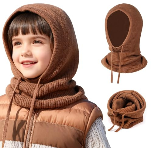 TAGVO 2 in 1 Kinder Sturmhaube mit Kapuzenschal, Winddichte Strickmütze Wintermütze Weicher Winter Strickschal mit Mütze, Einteiliges Hut und Nackenwärmer Set für Mädchen Jungen 4-10 Jahre