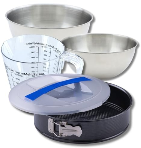 Zenker 9372150 Set à Pâtisserie Moule à Manqué 26 cm à Charnière, Couvercle Transport, Antiadhésif ILAG sans PFOA, 2 Bols Inox 20,5 et 25 cm, Verre Mesureur Plastique 1 L, Spatule Silicone, Noir, Inox