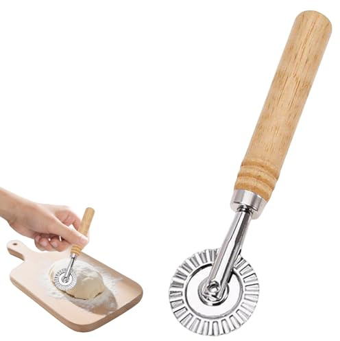 Plkjiu Ravioli Cutter with Wooden Handle - Stainless Steel Pastry Wheel for Pasta, Dumplings & Pizza, Professional Pasta Making Tools for Home Kitchen, Rotary Pastry Cutter with Fluted Edge