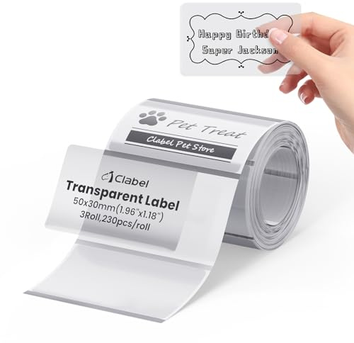 CLABEL Etiquetas Térmicas Transparentes 50x30mm, Rollo de 230, Pegatinas Impermeables para Organización de Cocina, Botes de Especias y Logotipos de Negocio Manualidades, Compatible con 221B S1
