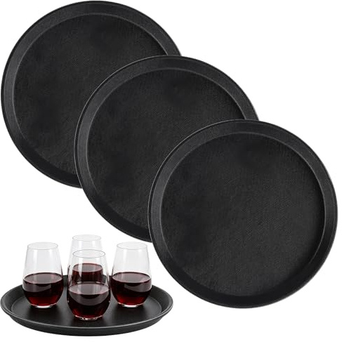 HONYUET 4 Stück Antirutsch Serviertablett rund, Kunststoff Tablett 28 cm schwarz, Servierplatten für Restaurant und Gastronomie
