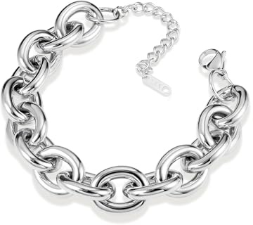 Sterling Silver 925/18K Gold Chunky Thick Chain Bracelet Women Trendy | ALEXCARFT Sterling Silver 925/18K Gold Large Chunky Chain Bracelet Women Thick Chain Chunky Bracelets Statement Women Trendy