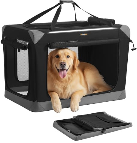 Feandrea Hundebox faltbar, Transportbox, Hundetasche, Oxford-Gewebe, mit 4 Türen aus Netzstoff, Griffen, Tasche, 91,4 cm, für große Hunde, tintenschwarz-Taubengrau PDC029BH01