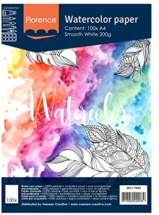 Florence 2911-7003 Vaessen Creative Aquarellpapier, A4, Weiß, 200 g/m² Glattes Papier, 100 Blatt für Aquarellmalerei, Handlettering und Brush Lettering, stück