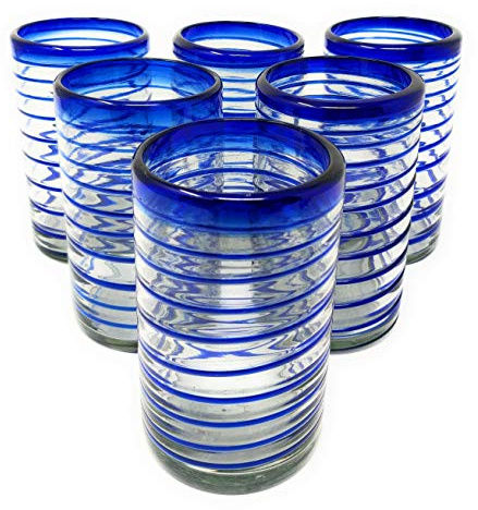 Hand Blown Mexican Drinking Glasses – Set of 6 Glasses with Cobalt Blue Spiral Design (14 oz each)