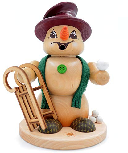 Kuhnert - Erzgebirgische Holzkunst Räuchermann Räucherfigur Schneemann 19cm - Schlittenfahrer