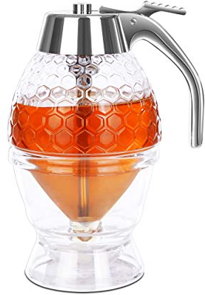 DESIOLE Dispenser per miele in acrilico con supporto, grande barattolo di sciroppo ad alta capacità, bellissimo vaso per miele