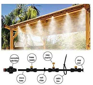7.5m - MISTING COOLING SYSTEM_Micro Drip Irrigation Garden Sprinkler Nozzle Sprayer - UK- Absorbs Dust from Air/Perfect for Garden Patio Greenhouse Agricultural Outdoor Use