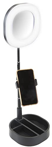 VFM e-Store - Ring Light for Phone Desktop Organizer - Ring Light Stand With Adjustable Height - Phone Stand and Multi-Compartment Weighted Base for Video Calls and Makeup