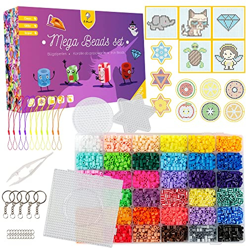 La Manuli Perline da Stirare - 5mm Perline A fusione, 11000 Pezzi, 5mm, 36 Colori, Set Completo per Bricolage e Pixel Art Bambini con 3 Piastre, Pinza, Portachiavi, Pendenti